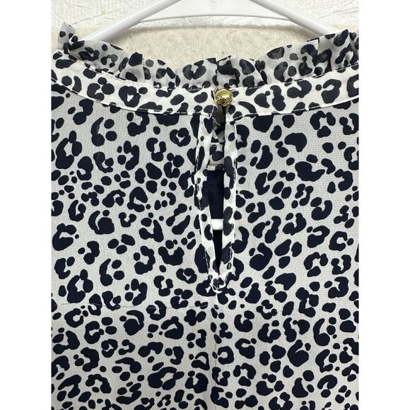 Mud Pie Womens Dress Size Medium Ruffle Neck Navy Blue Leopard Tiered - Picture 10 of 10